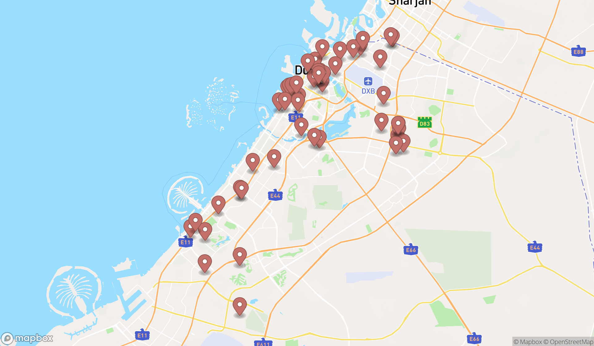 Map showing the search results in Dubai