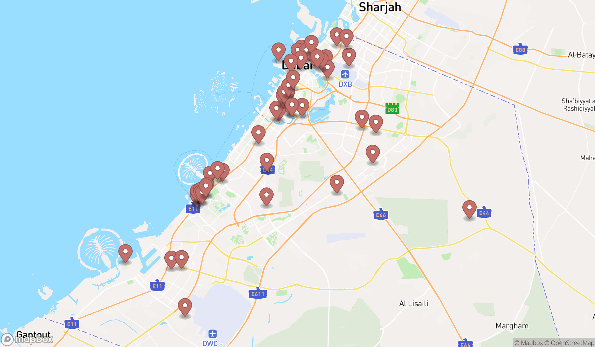 Map showing the search results in Dubai