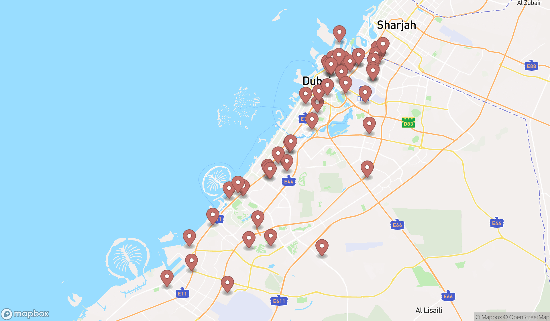 Map showing the search results in Dubai