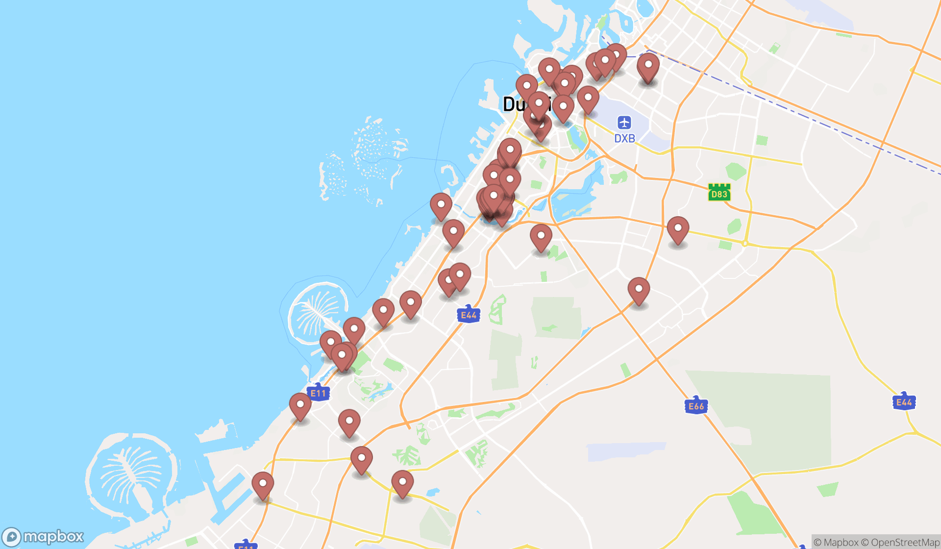 Map showing the search results in Dubai