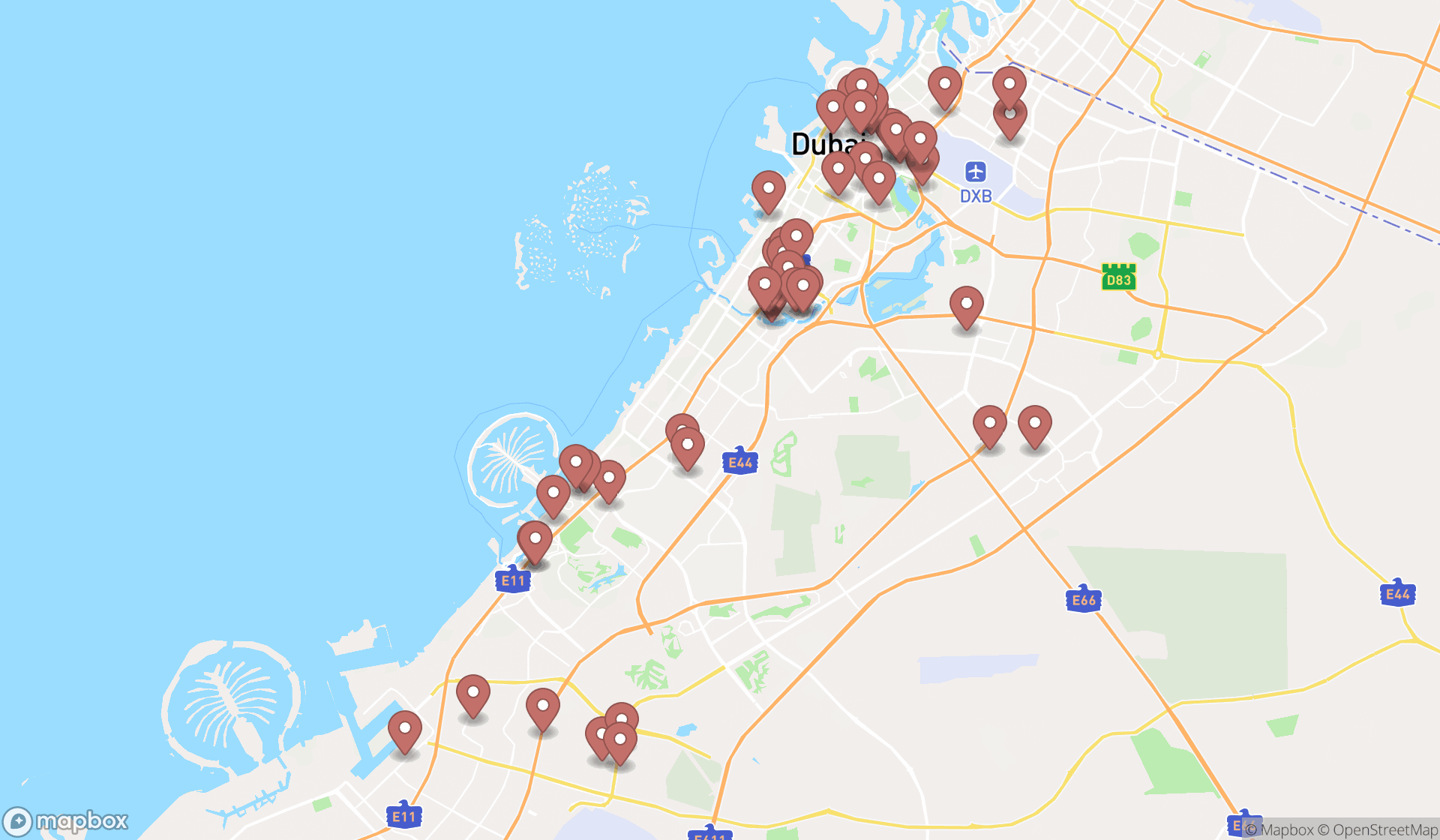 Map showing the search results in Dubai