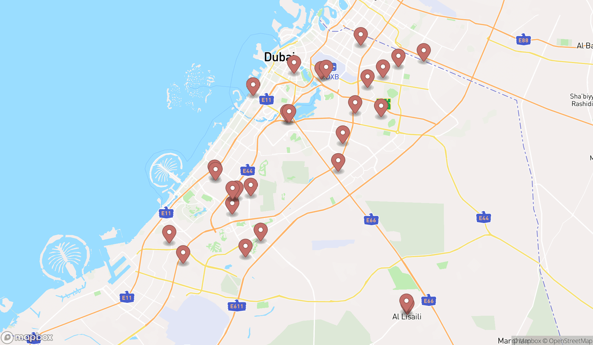 Map showing the search results in Dubai