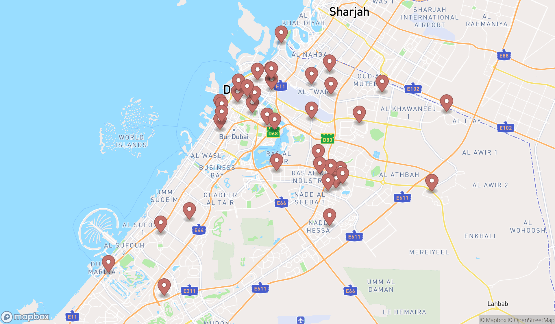 Map showing the search results in Dubai