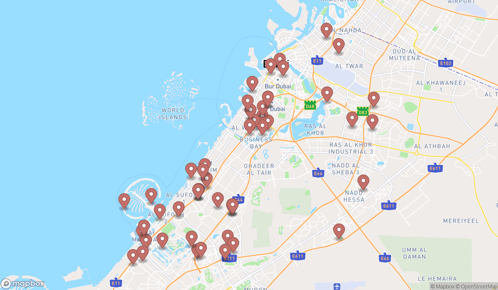 Map showing the search results in Dubai