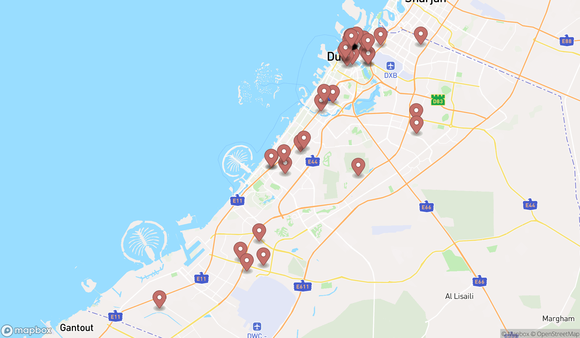 Map showing the search results in Dubai