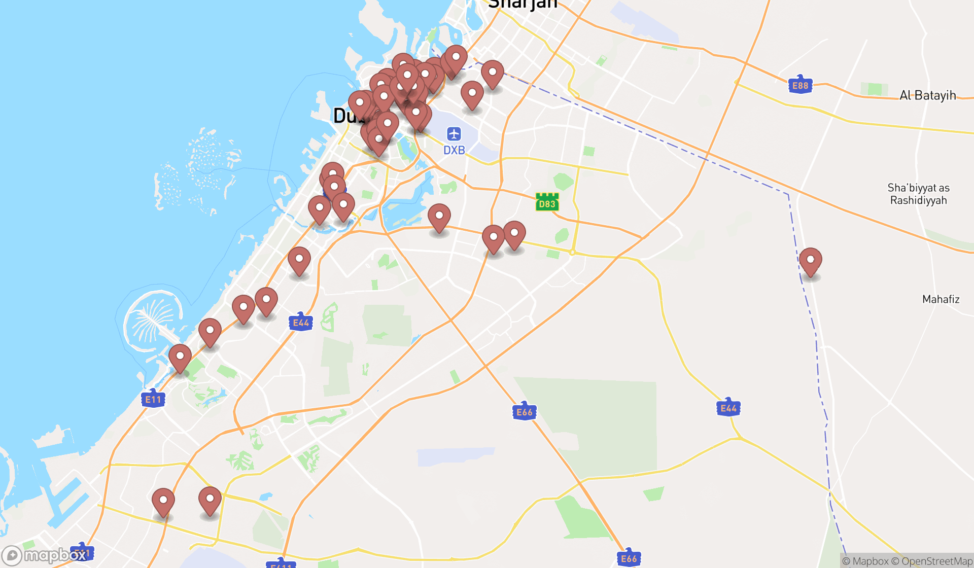 Map showing the search results in Dubai