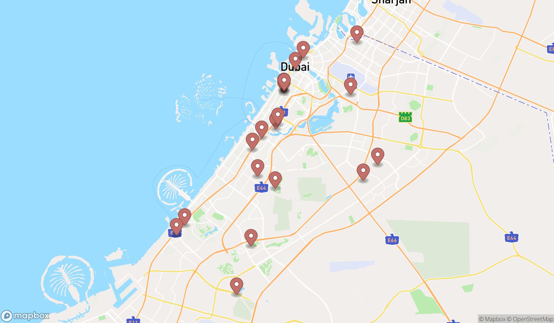 Map showing the search results in Dubai