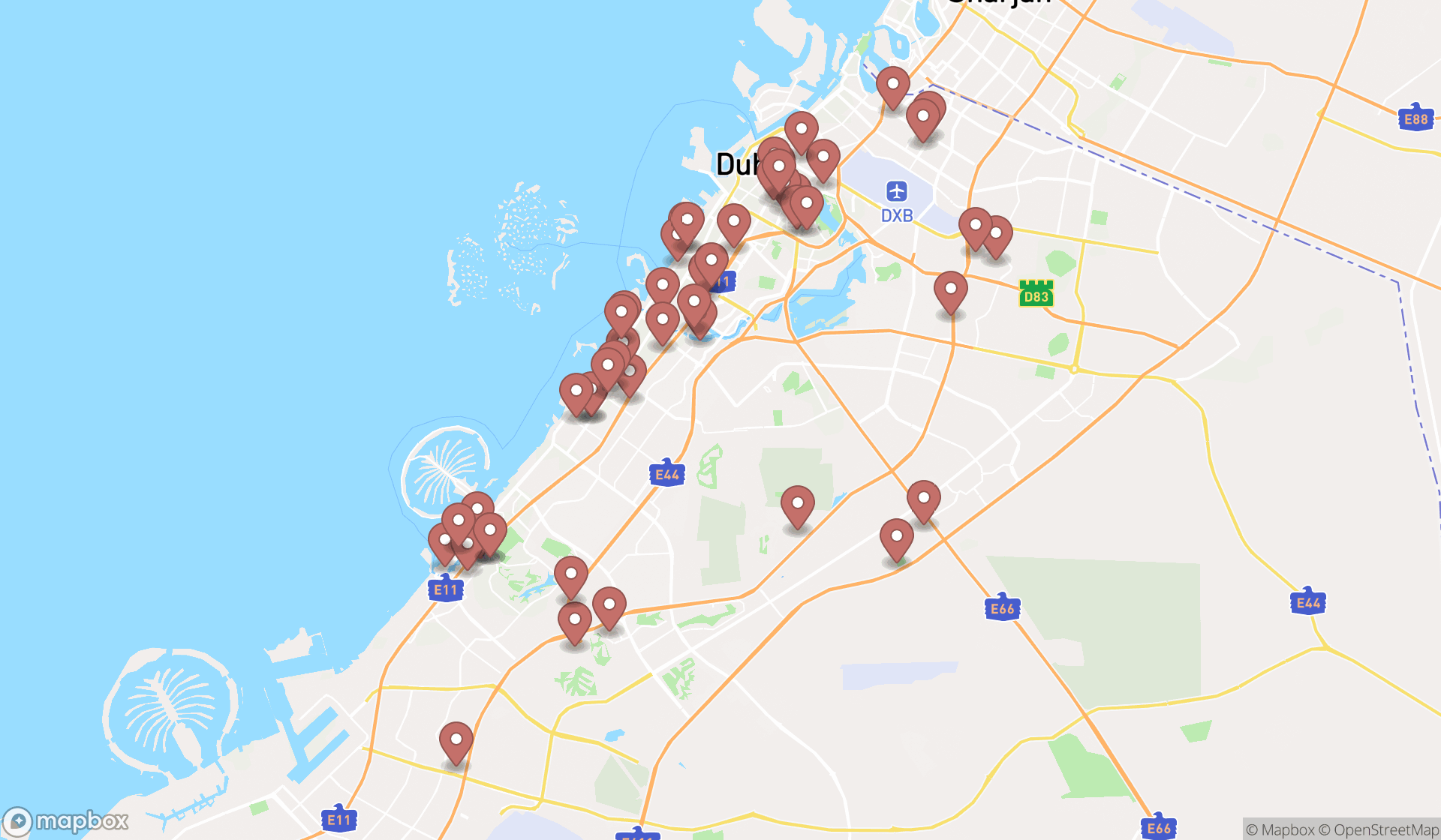 Map showing the search results in Dubai