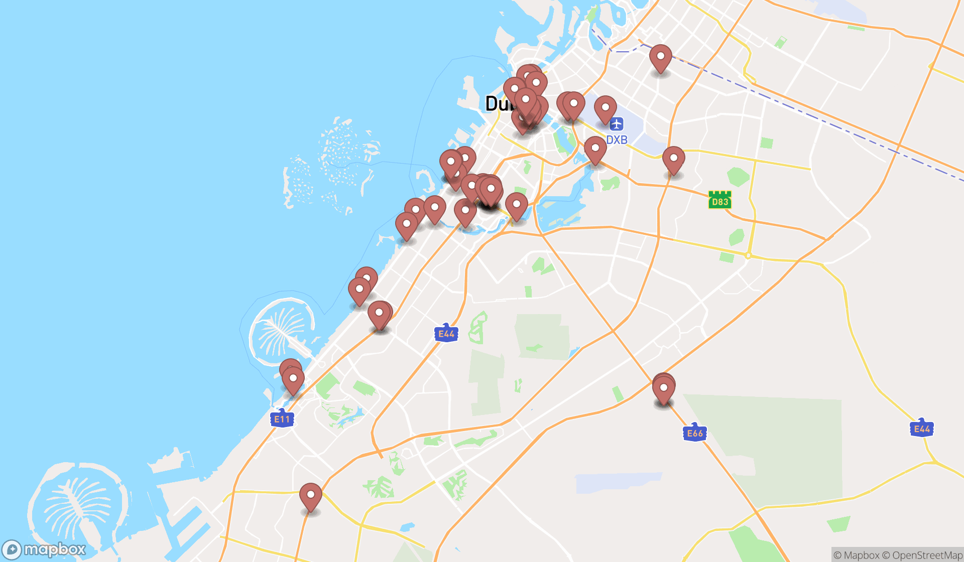 Map showing the search results in Dubai