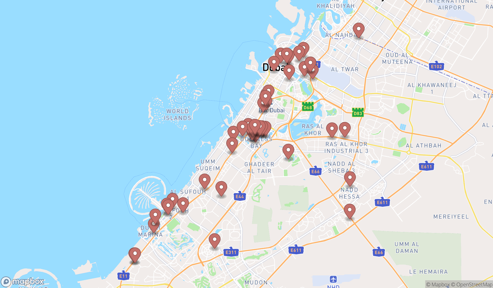Map showing the search results in Dubai