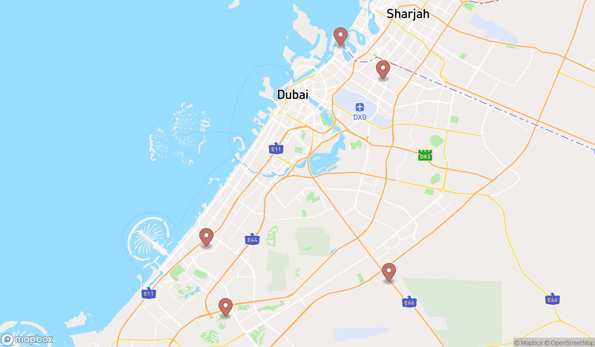 Map showing the search results in Dubai