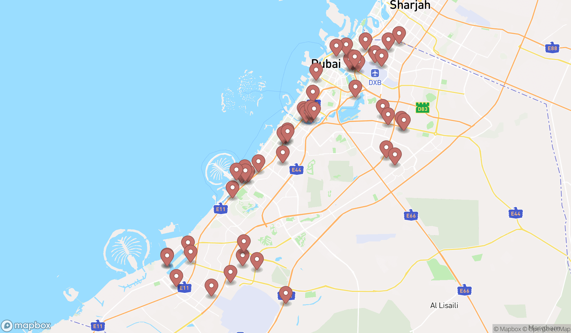 Map showing the search results in Dubai