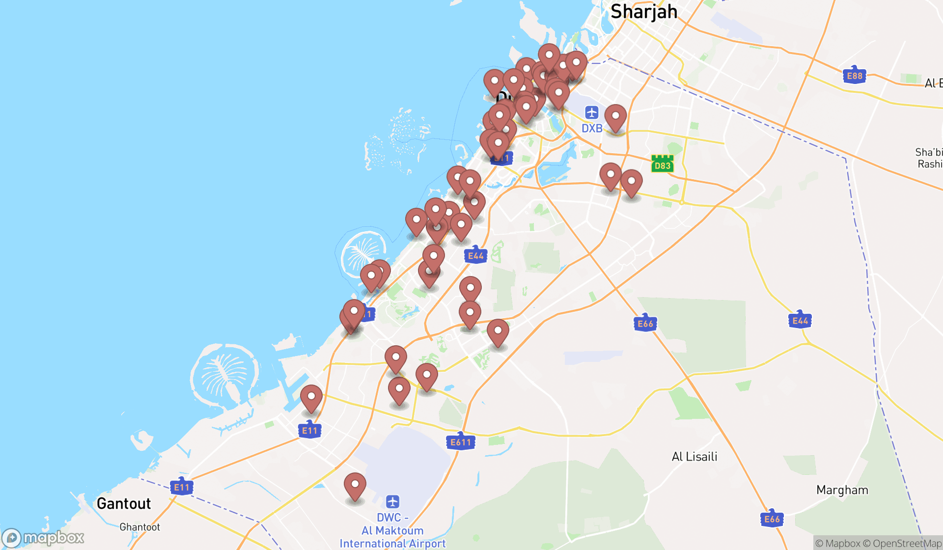 Map showing the search results in Dubai