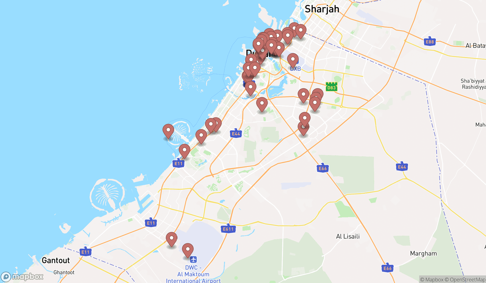 Map showing the search results in Dubai