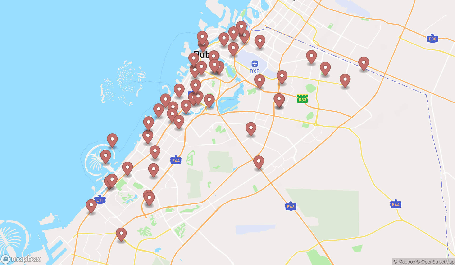 Map showing the search results in Dubai