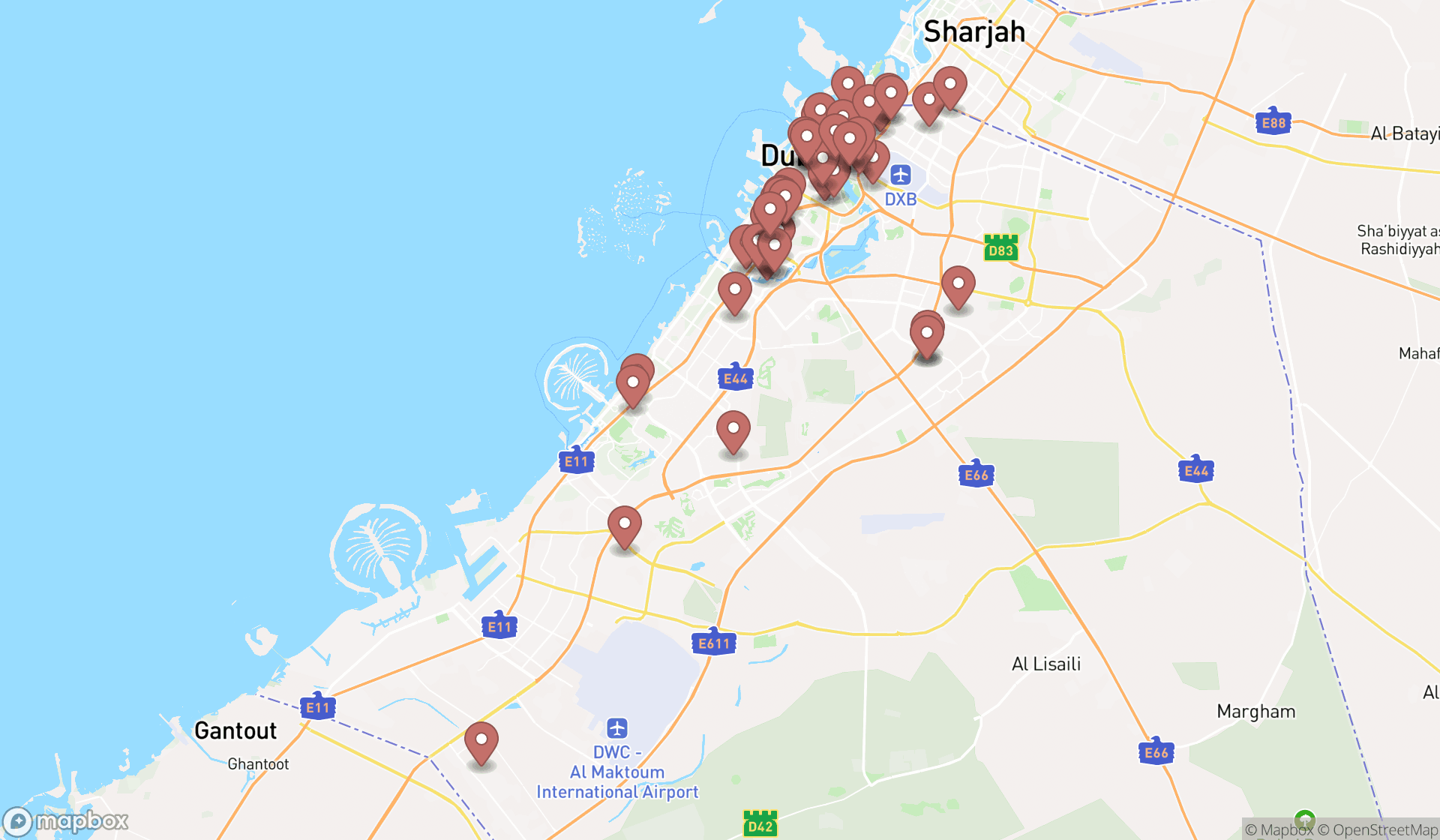 Map showing the search results in Dubai