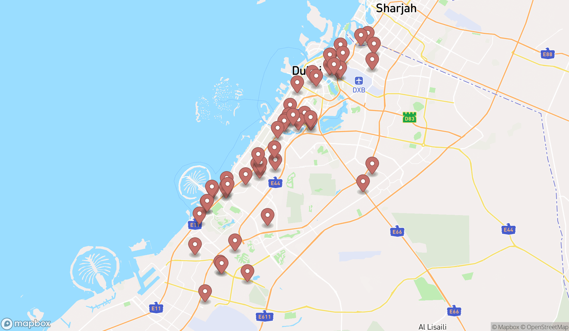Map showing the search results in Dubai