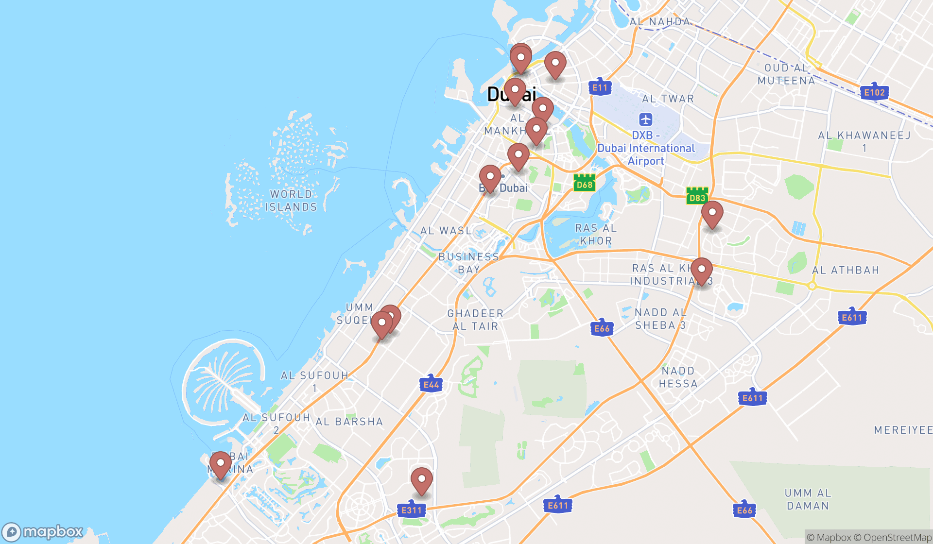 Map showing the search results in Dubai