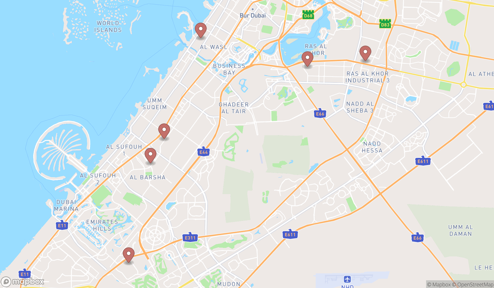 Map showing the search results in Dubai