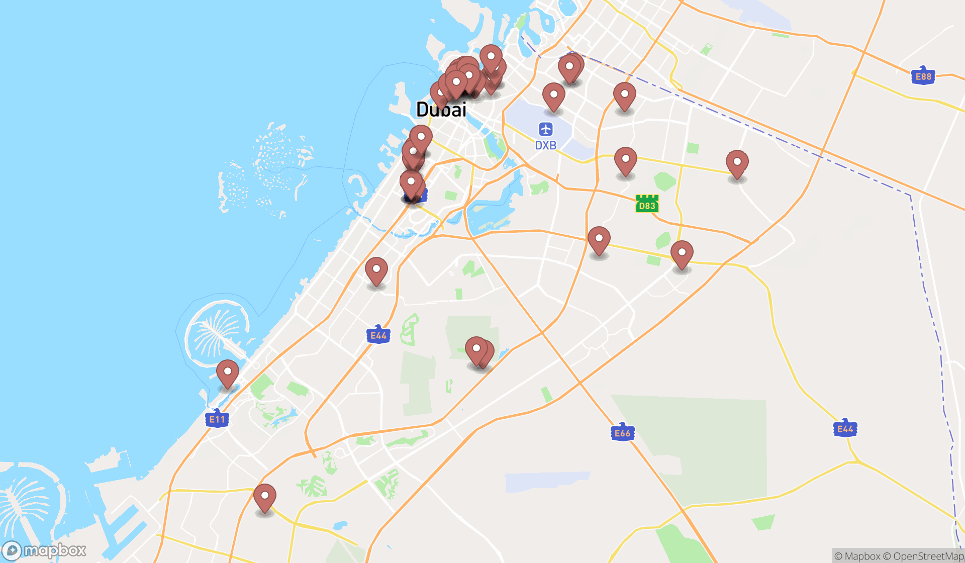 Map showing the search results in Dubai