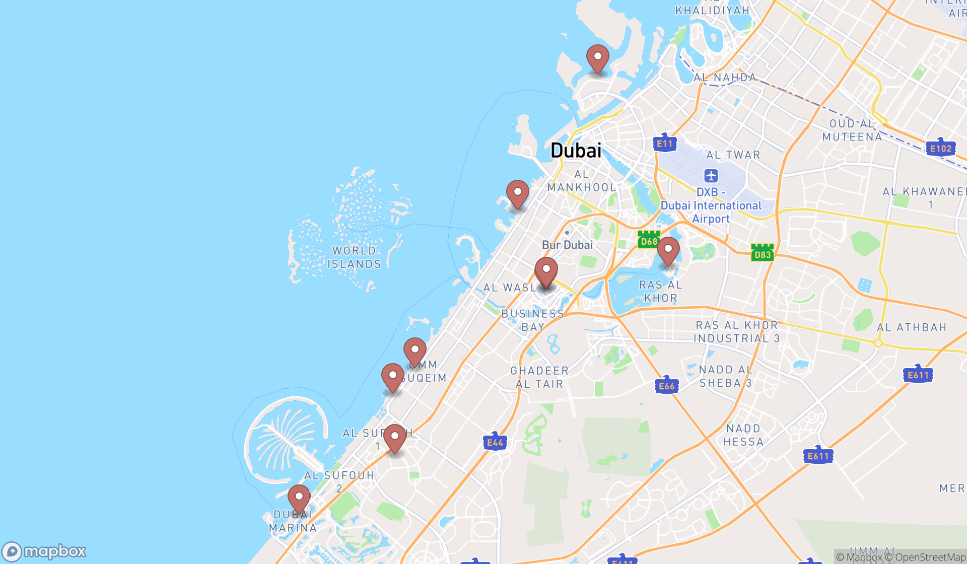 Map showing the search results in Dubai