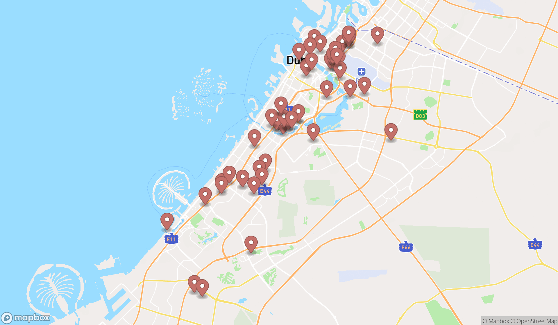 Map showing the search results in Dubai
