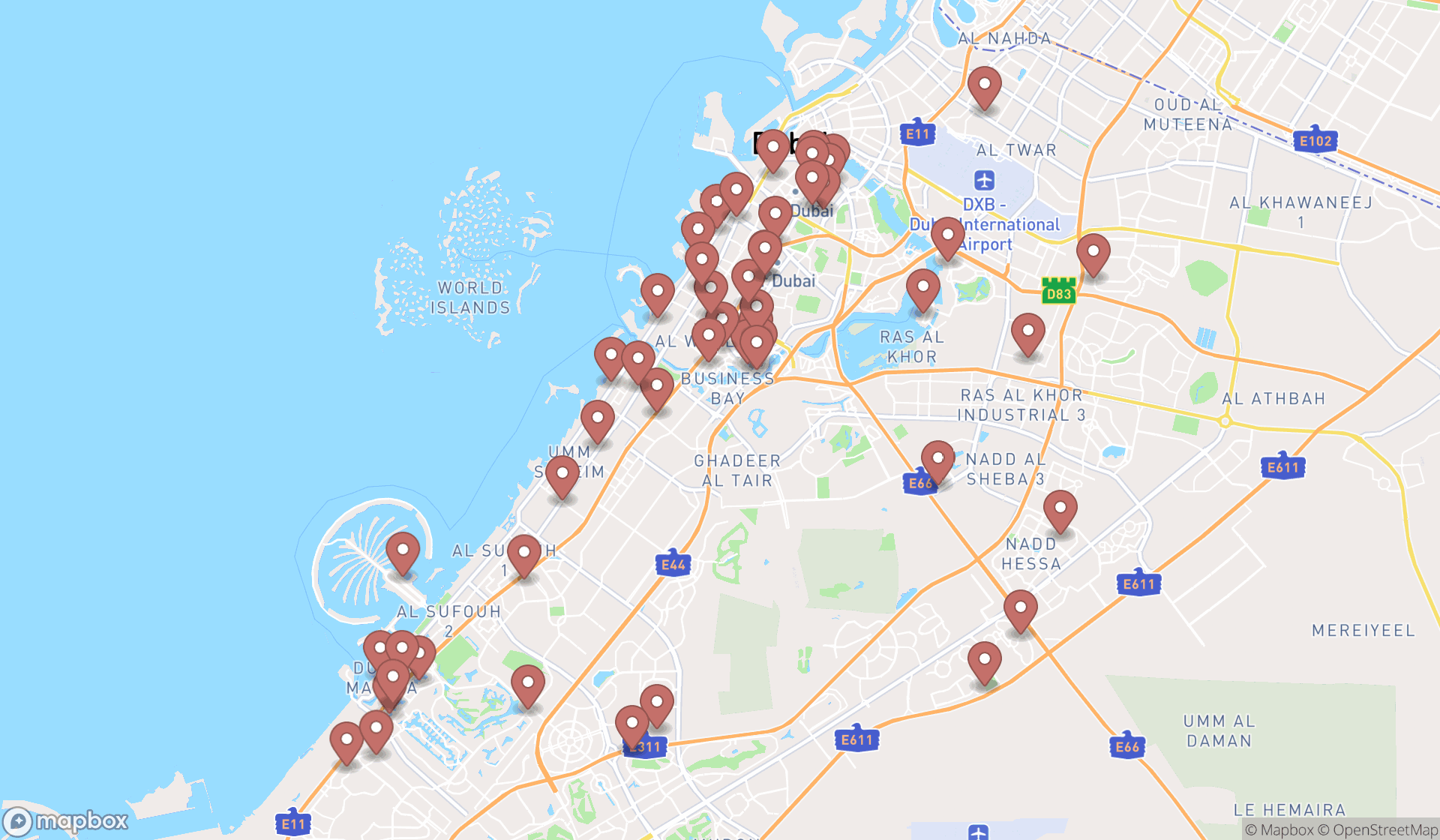Map showing the search results in Dubai