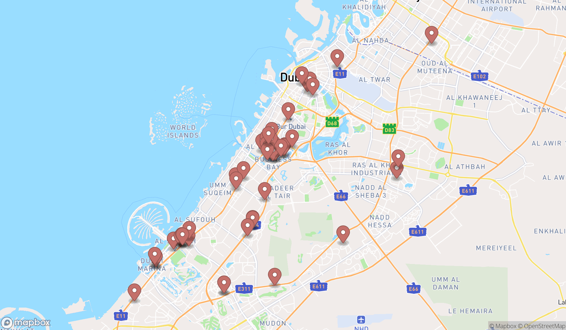Map showing the search results in Dubai