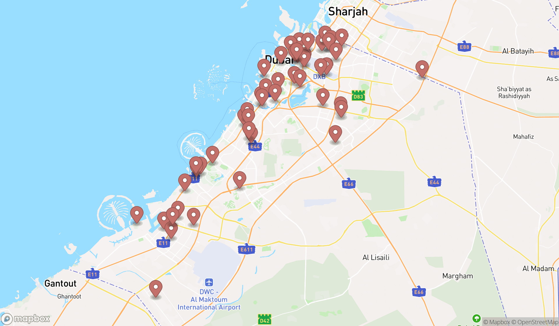 Map showing the search results in Dubai