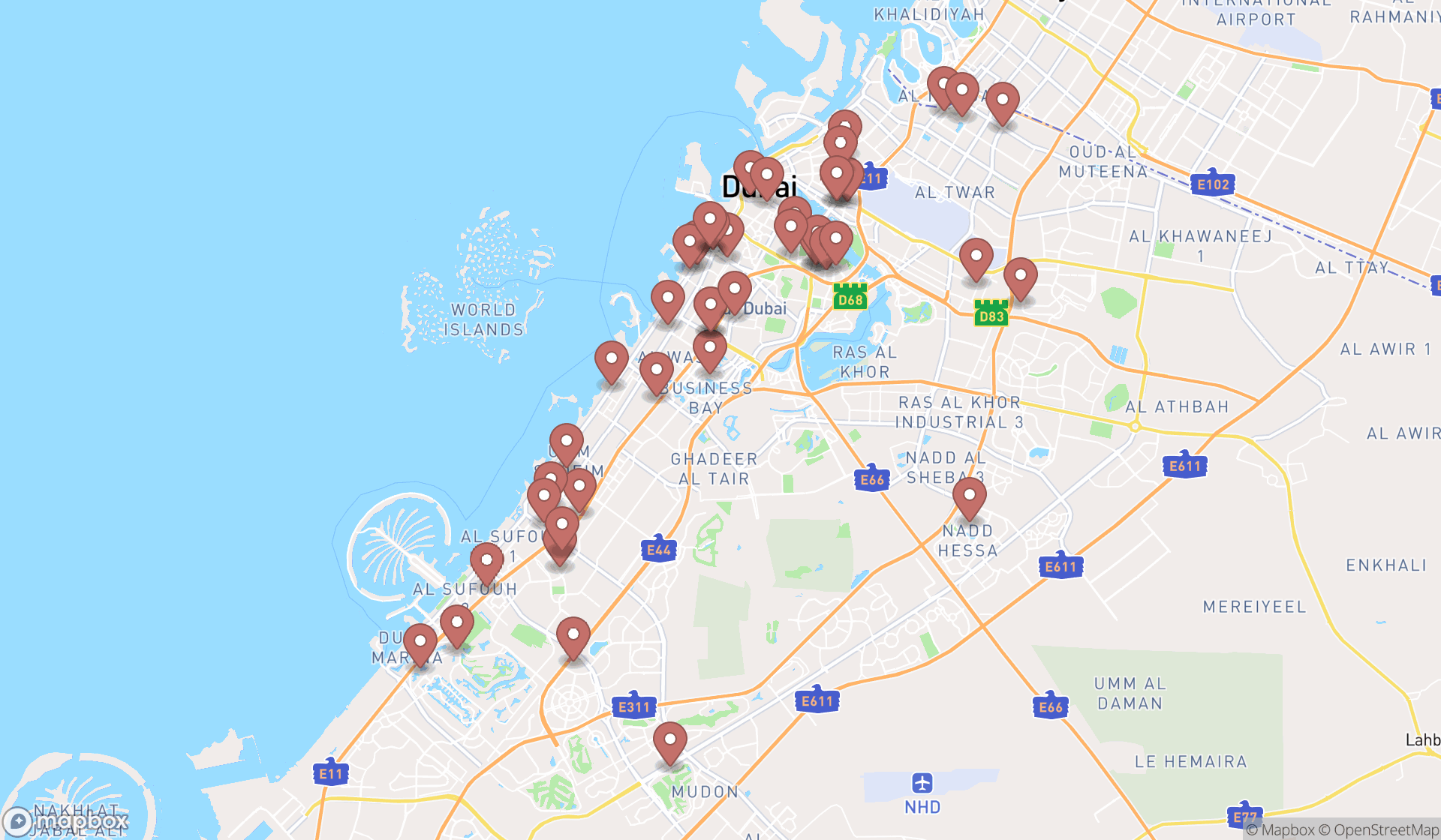 Map showing the search results in Dubai