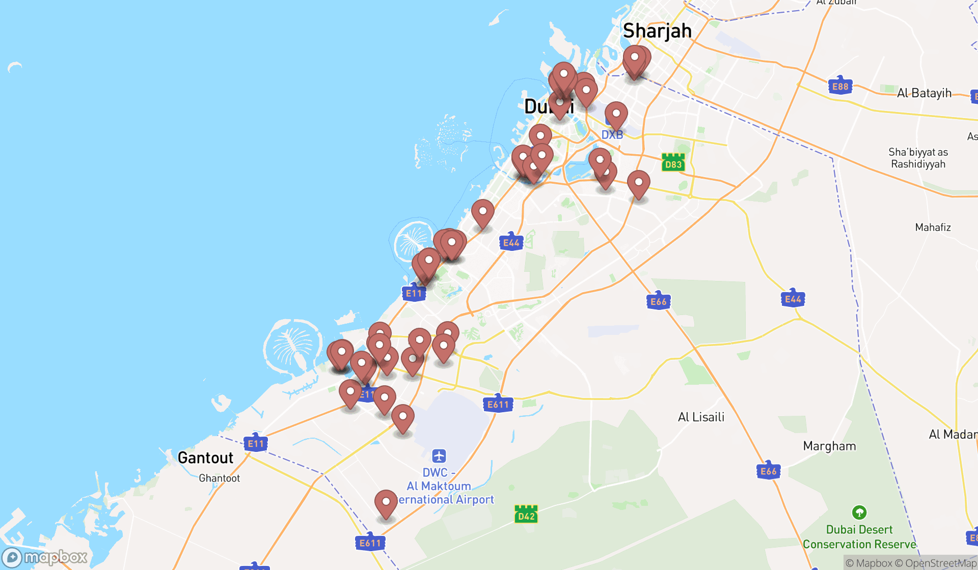 Map showing the search results in Dubai
