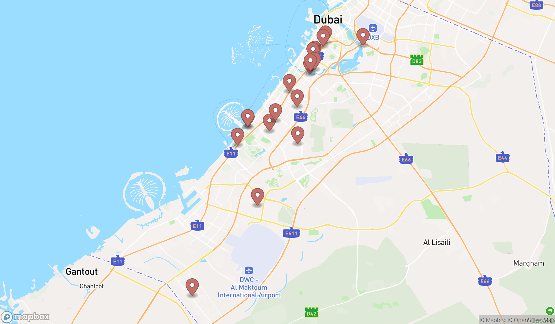 Map showing the search results in Dubai