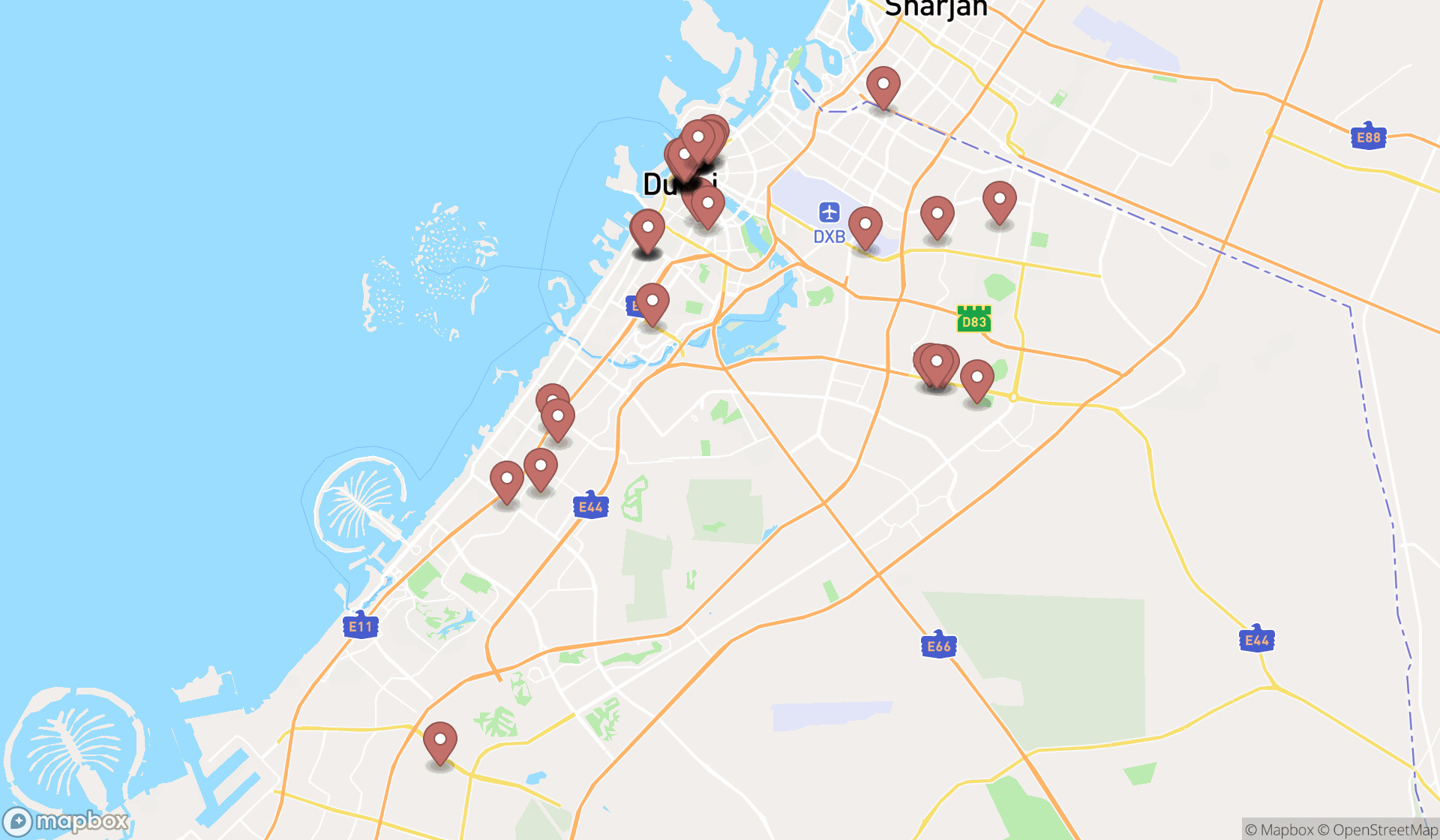 Map showing the search results in Dubai