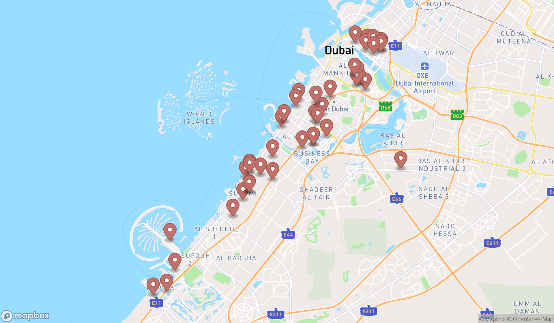 Map showing the search results in Dubai