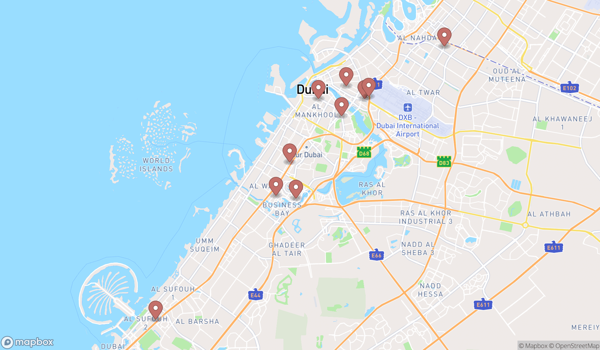 Map showing the search results in Dubai