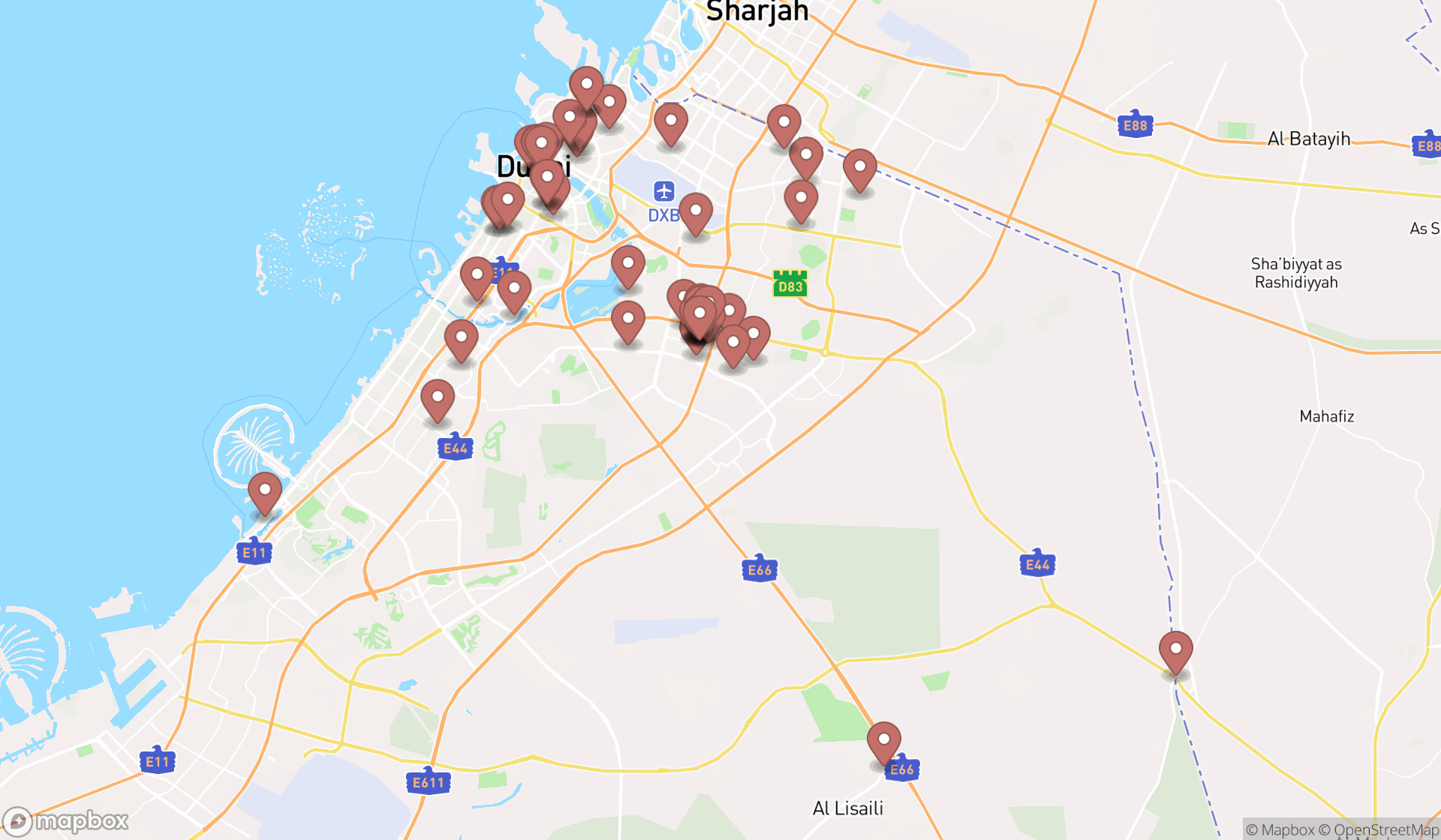 Map showing the search results in Dubai