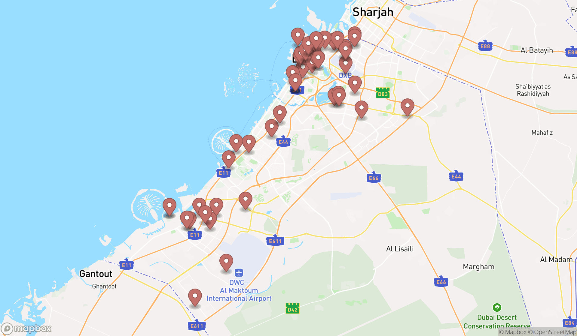 Map showing the search results in Dubai