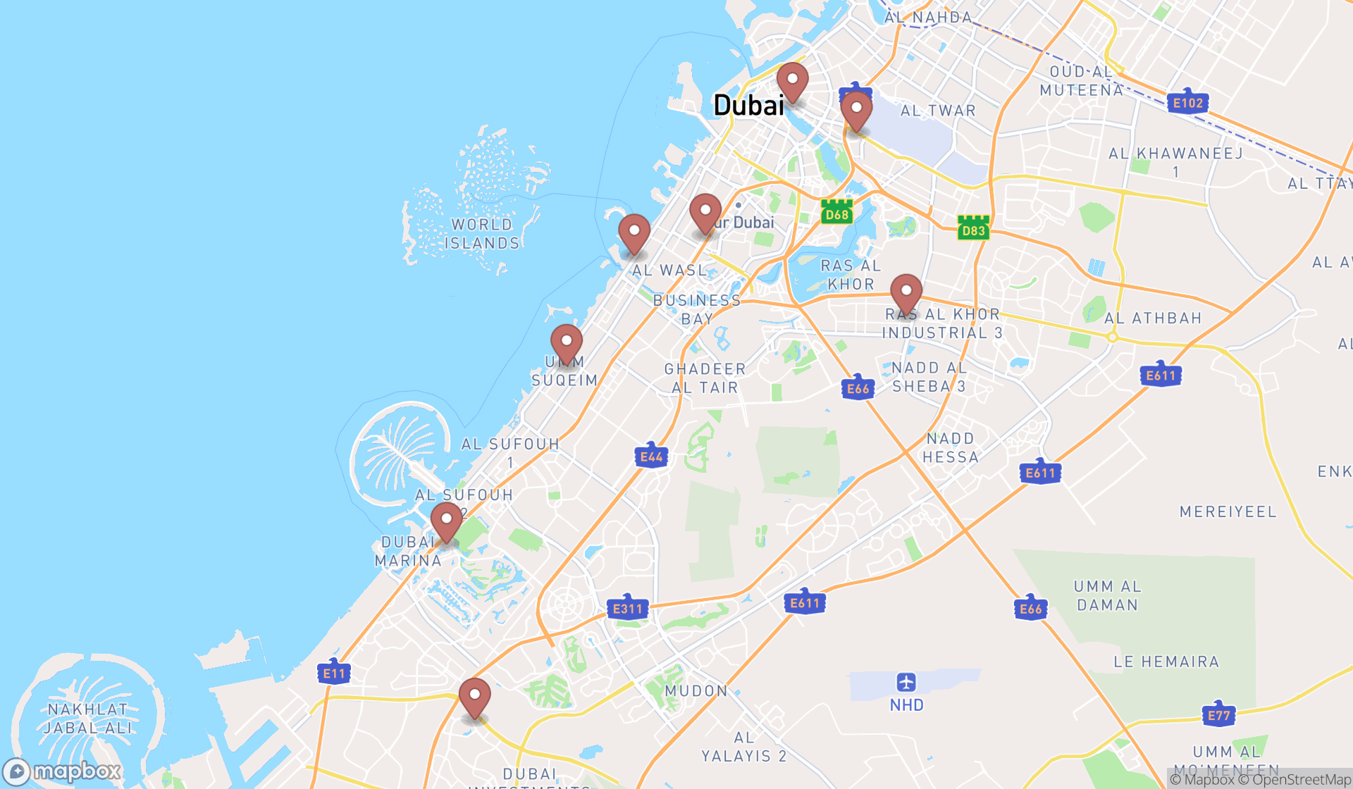 Map showing the search results in Dubai