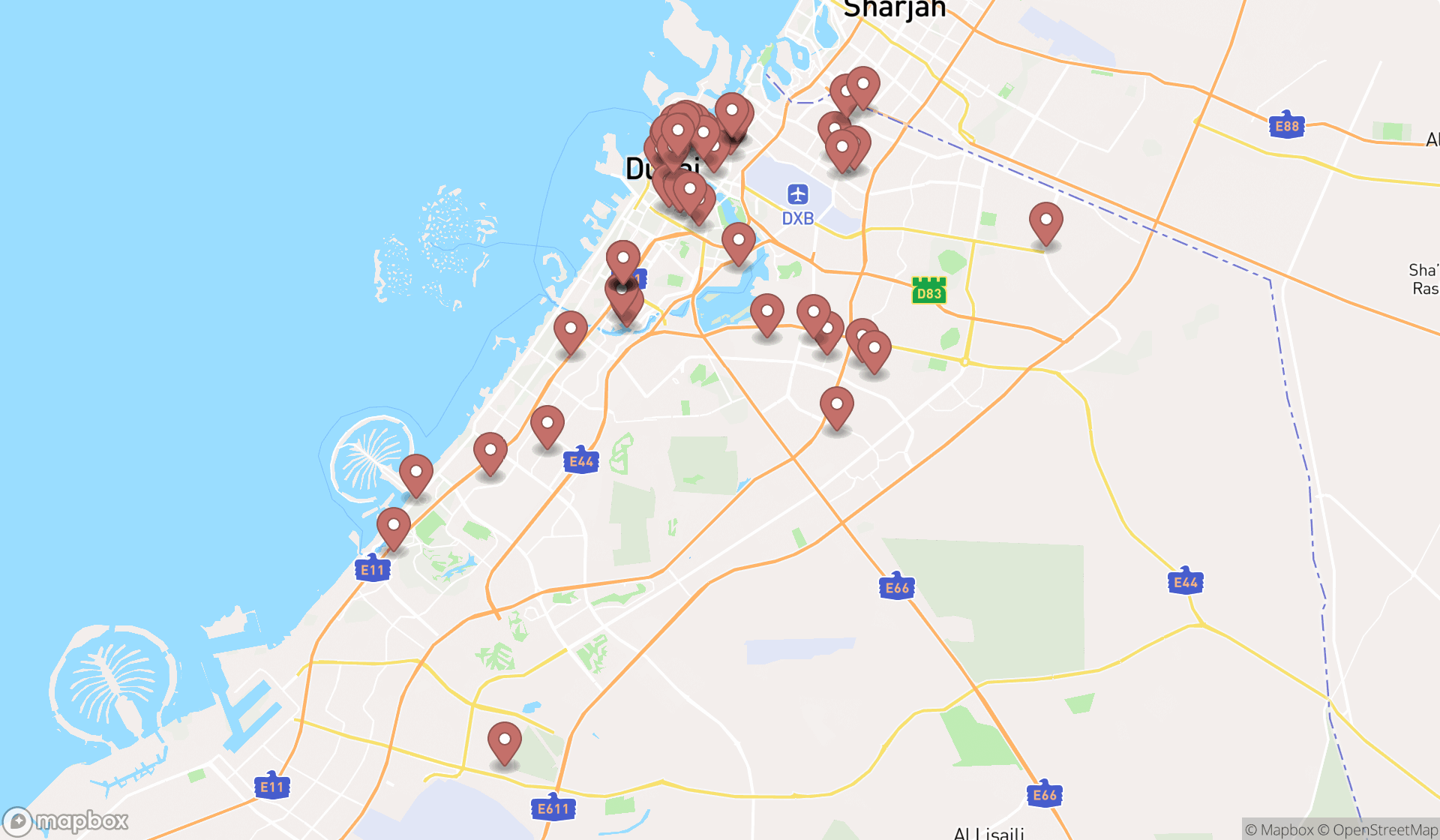 Map showing the search results in Dubai