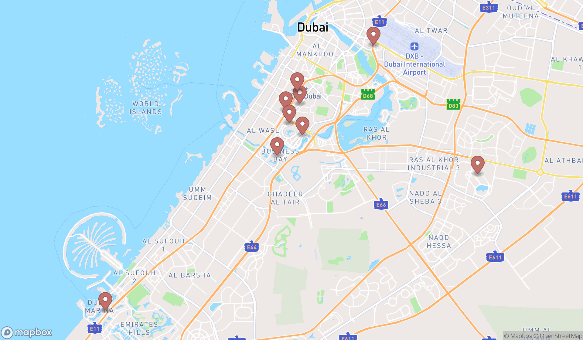 Map showing the search results in Dubai