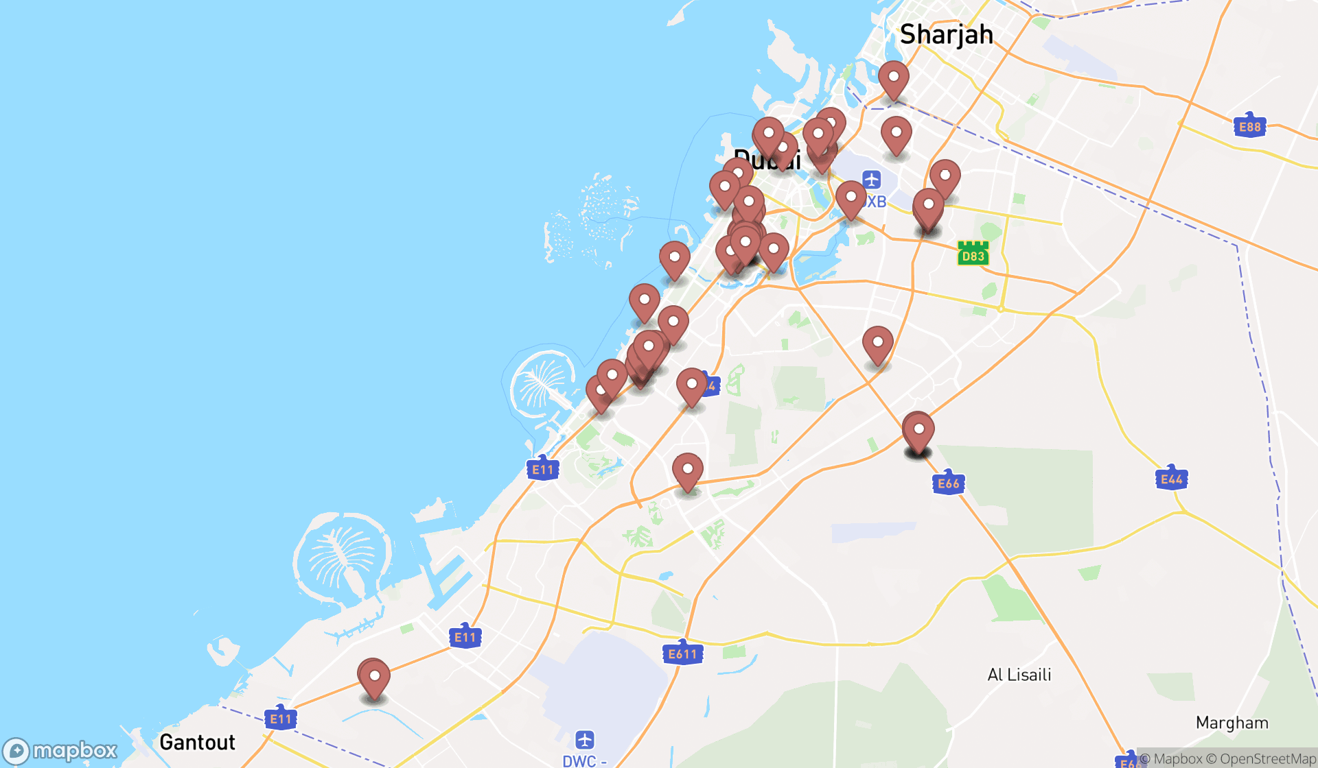 Map showing the search results in Dubai