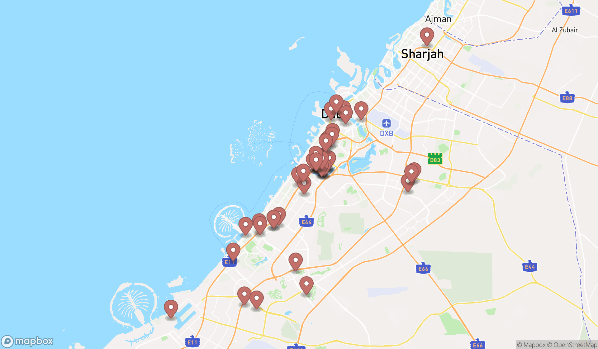 Map showing the search results in Dubai