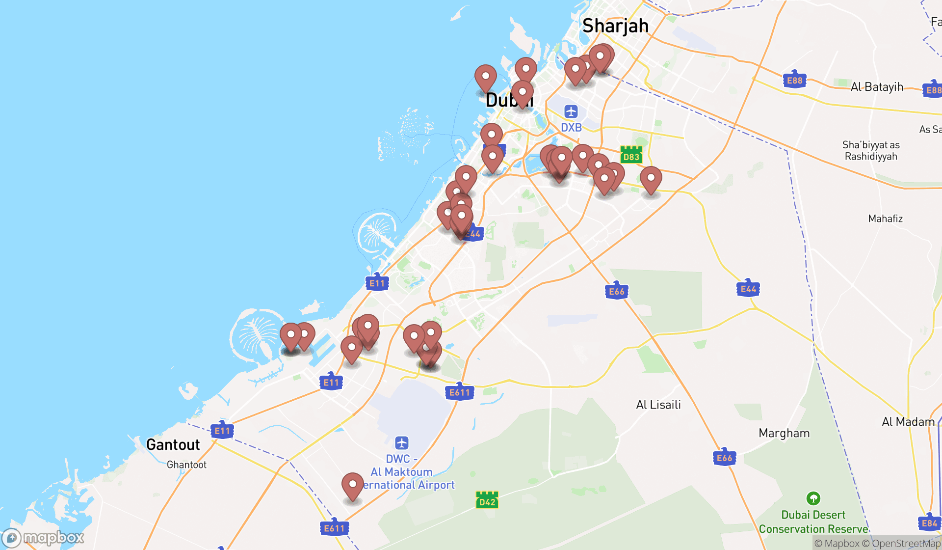 Map showing the search results in Dubai