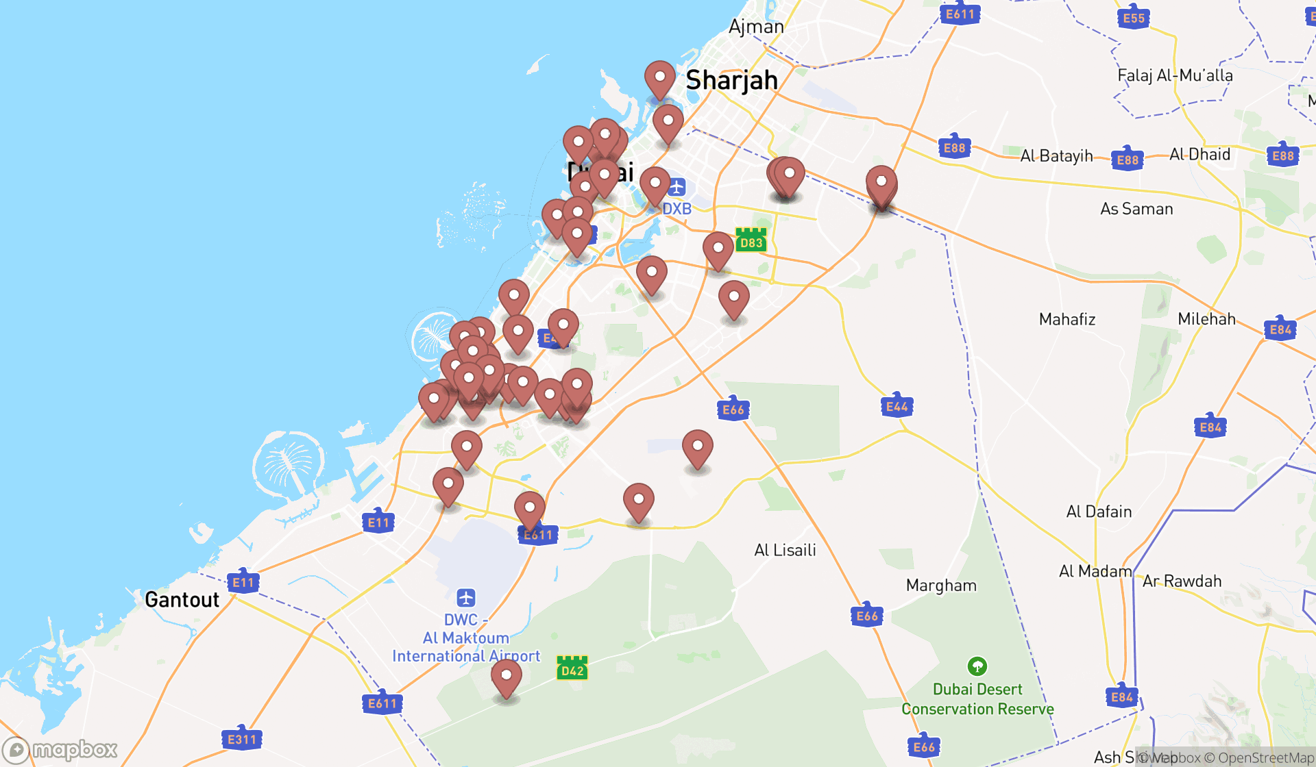 Map showing the search results in Dubai