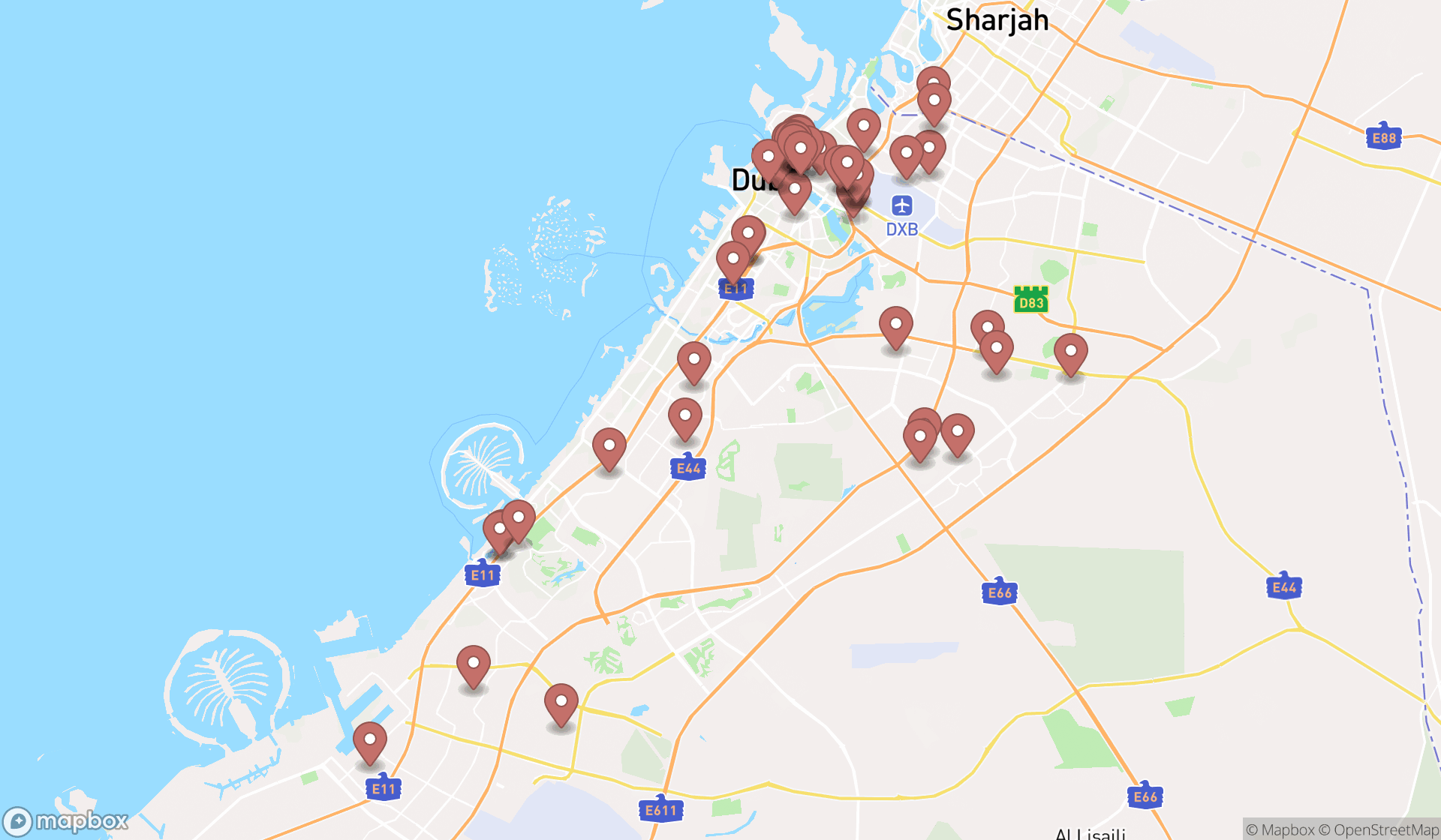 Map showing the search results in Dubai