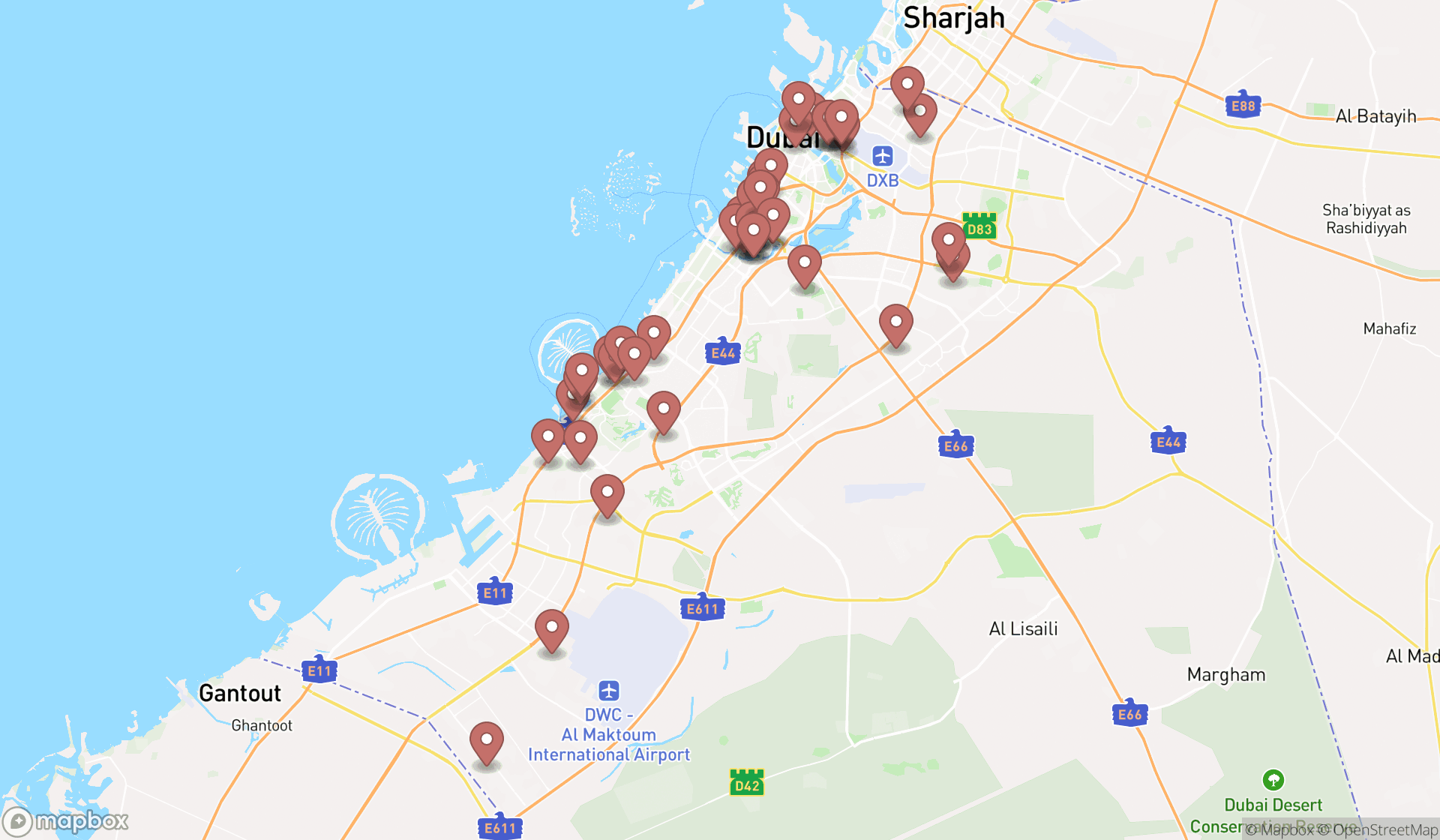 Map showing the search results in Dubai