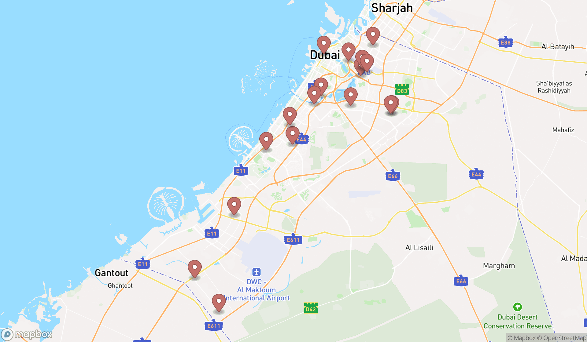 Map showing the search results in Dubai