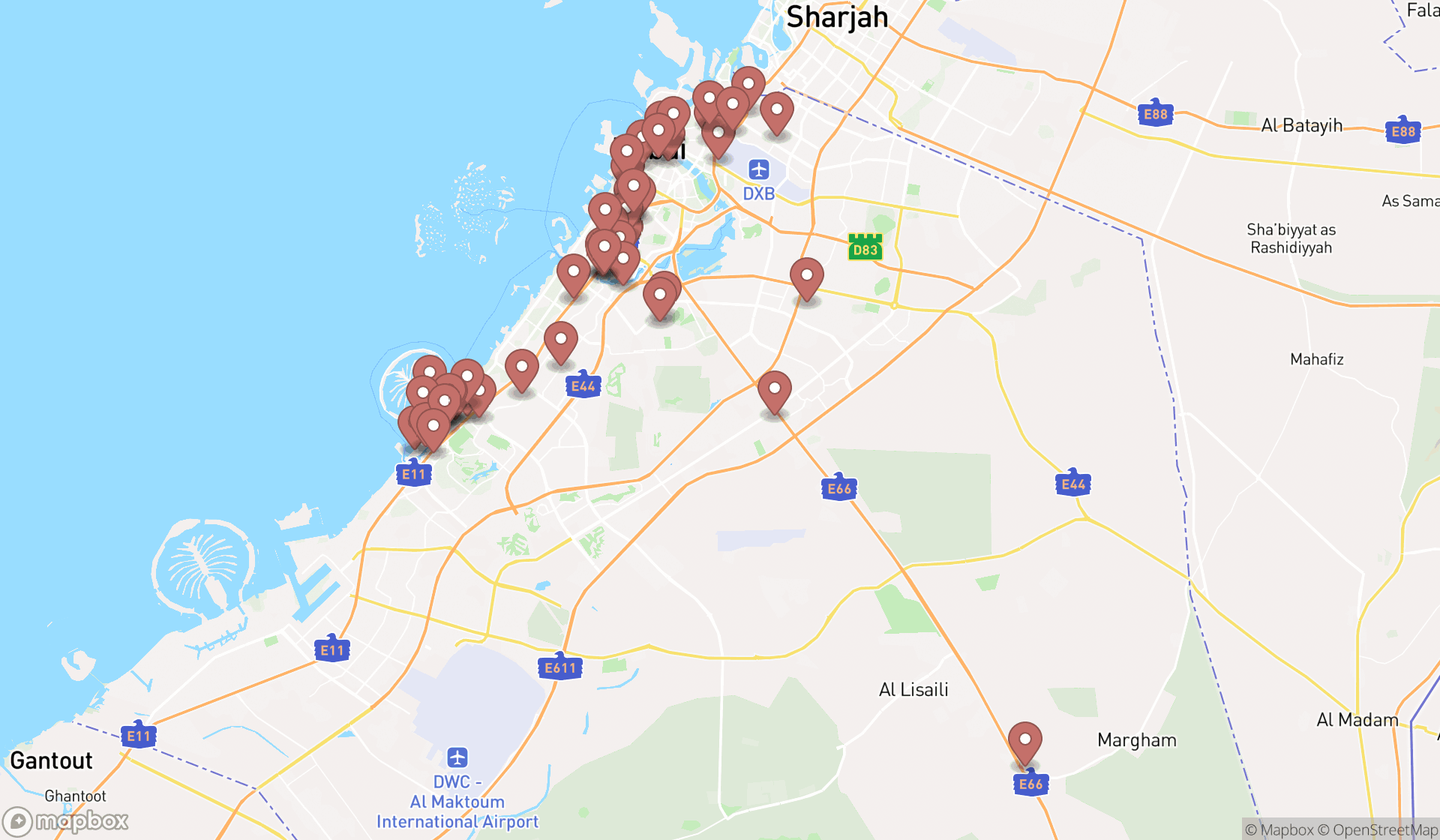 Map showing the search results in Dubai