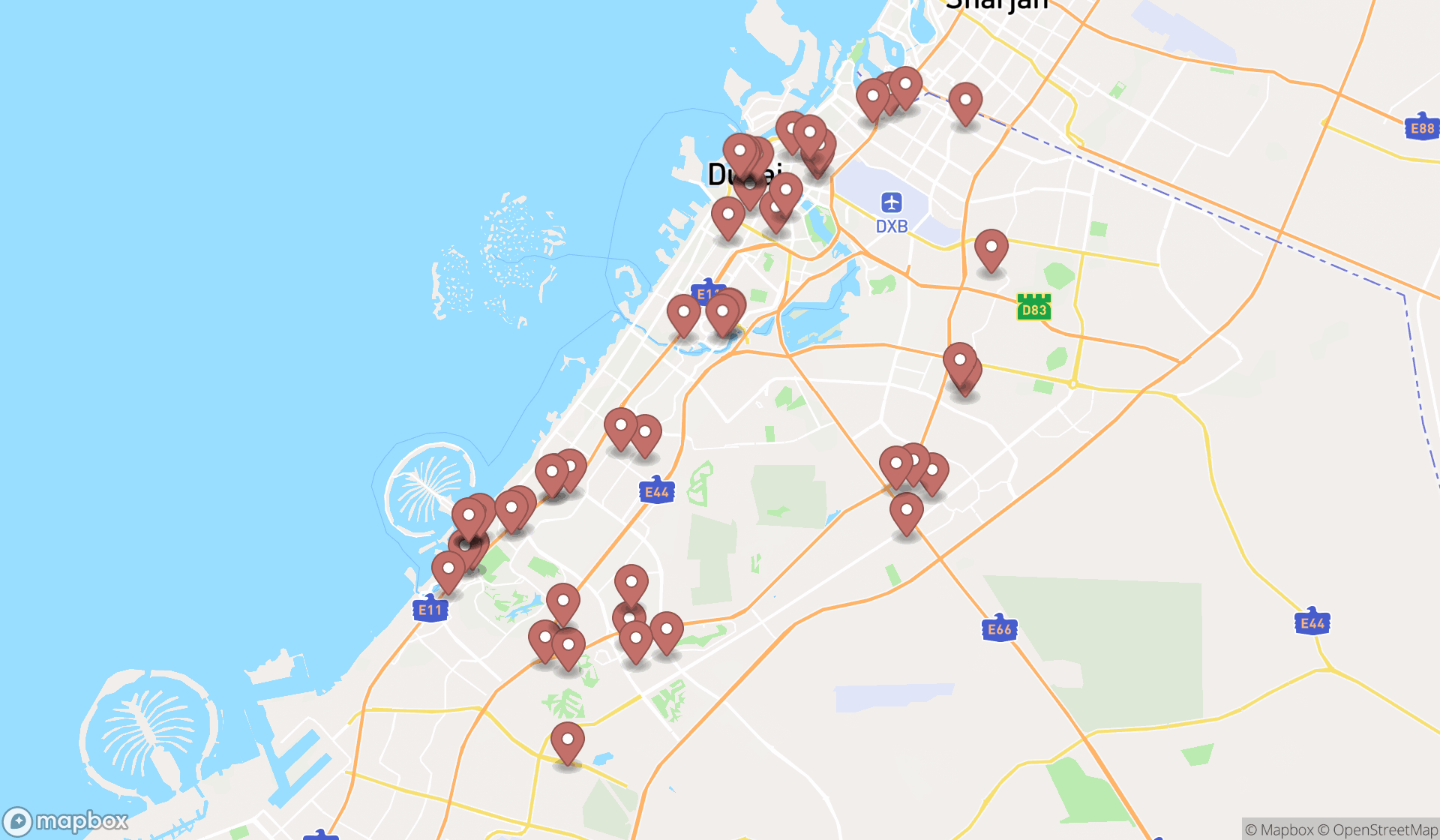 Map showing the search results in Dubai