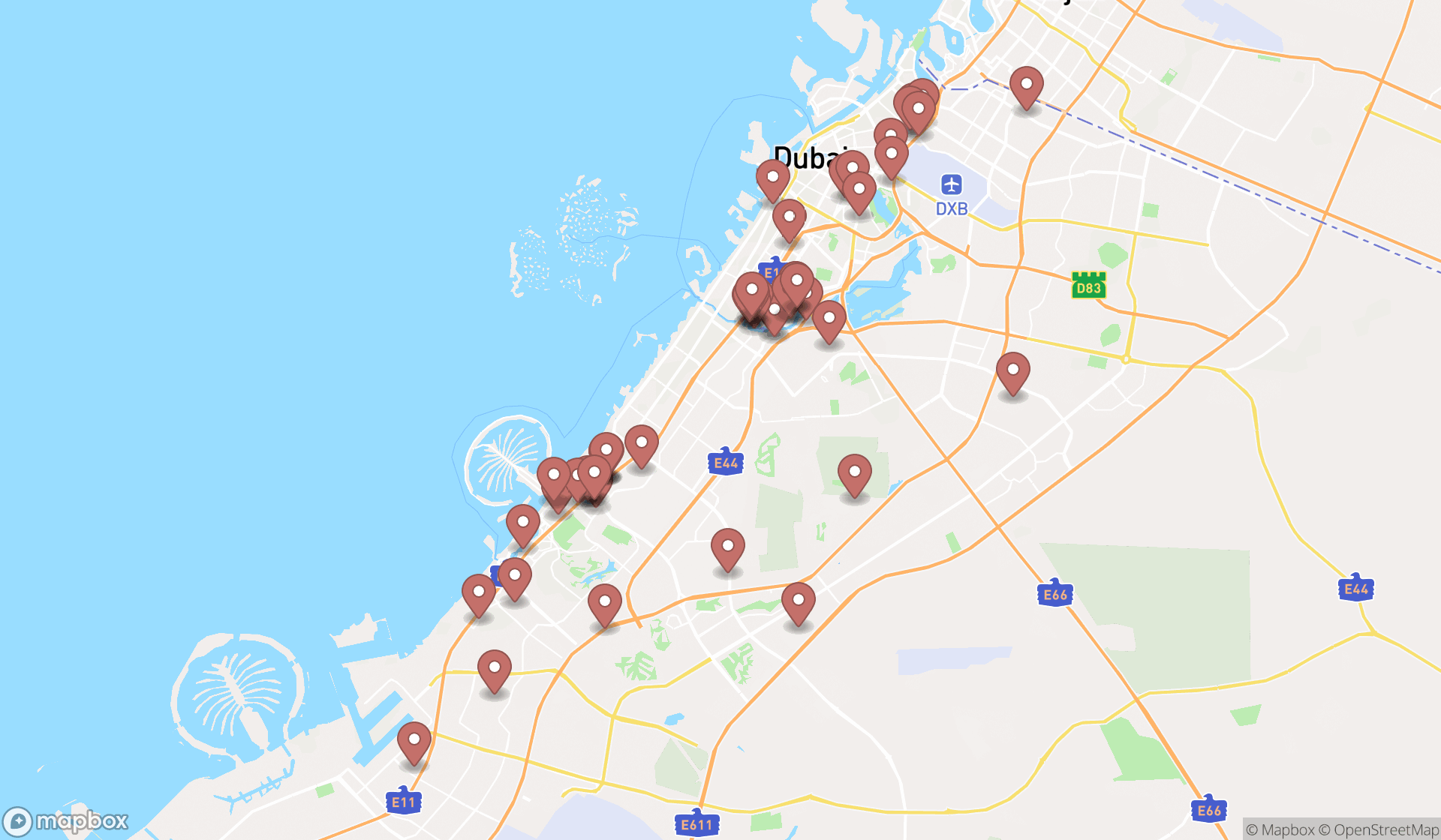 Map showing the search results in Dubai